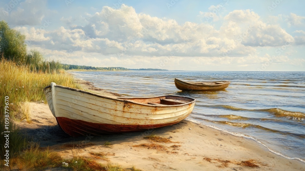 Fototapeta Serene Rowboats on a Tranquil Lakeshore with Gentle Waves and Lush Greenery Under a Bright Sky