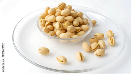 Nuts pistache rotate are on a table in a plate. Snack in transparent dish on an isolated white background are spinning moving. Delicious and healthy protein-rich diet food. photo