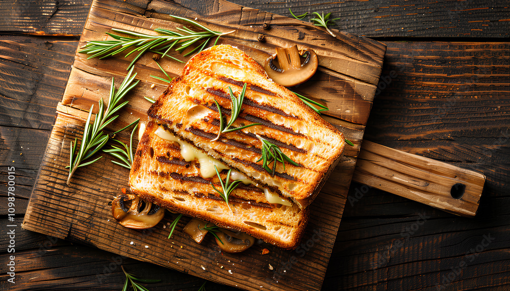 Fototapeta premium Toasted sandwich from traditional sourdough bread with cheese and brown mushrooms seasoned with rosemary herb on a wooden board, top view