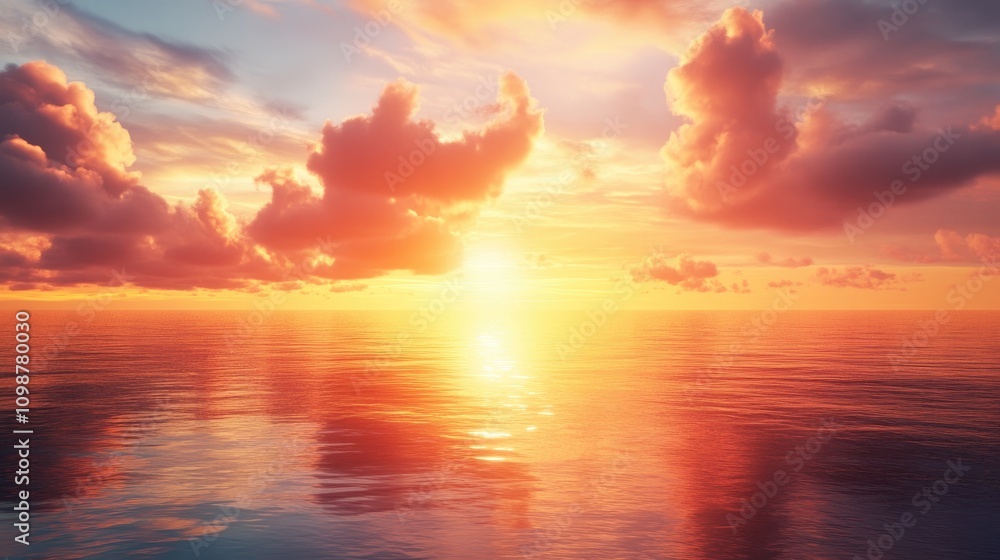 Fototapeta premium Tranquil sunset illuminating calm waters with vibrant clouds reflecting warm hues, creating a serene coastal view.