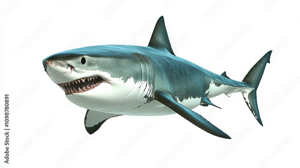 Obraz premium There are many kinds of animals in the sea, including Great White Shark, a well-known predator. This animal is isolated on a white background, marine life, clipart, and there are diverse species.