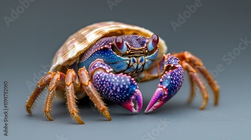 A vibrant hermit crab sporting a dazzlingly colorful shell stands confidently, symbolizing resilience and adaptability in a vivid marine world. photo