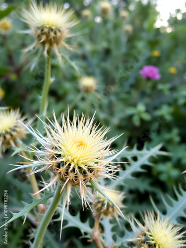 A prickly dry plant golden thistle (sic) in bulk. The expression is extremely prickliness photo