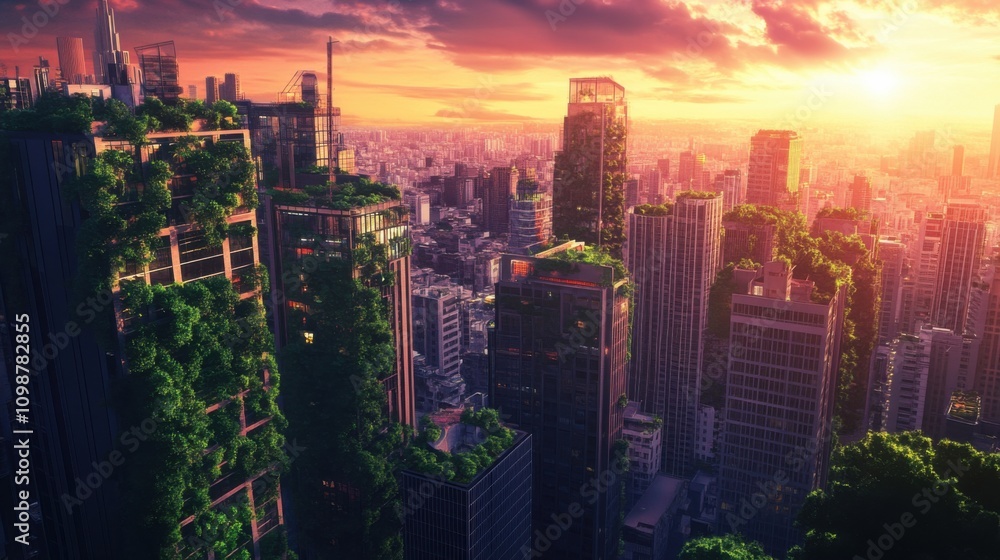 Fototapeta premium An imaginative 3D animation of a vertical forest cityscape, with skyscrapers covered in greenery and vertical gardens fostering biodiversity amidst urban density under a colorful sunset sky