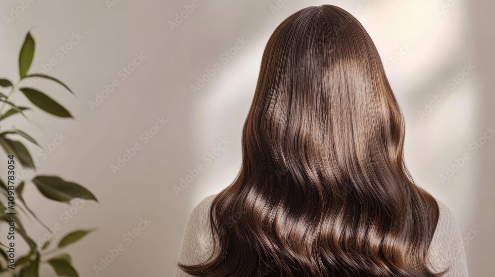 Fototapeta premium Chocolate brown wig with glossy, flowing waves against a soft white background, highlighting women's beauty and the elegance of hair extensions.