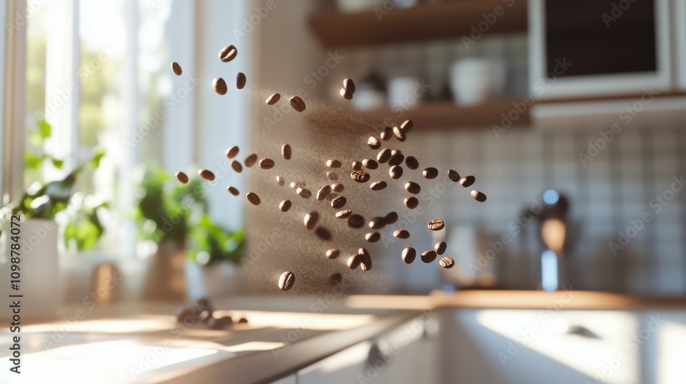 Obraz premium Fresh Coffee Beans Falling in Bright Kitchen Scene