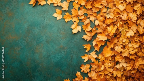 Golden Maple Leaves Artfully Arranged on a Dual Tone Orange and Green Blue Background for a Cozy Autumn Aesthetic photo