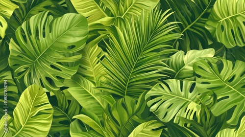 Leaves background green floral, jungle wallpaper exotic seamless pattern. Palm summer plant in nature.