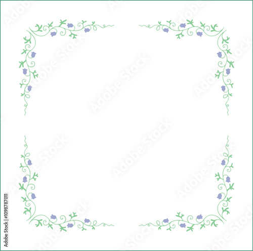 Elegant green vegetal ornamental frame with leaves and blue flowers, decorative border, corners for greeting cards. Isolated vector illustration