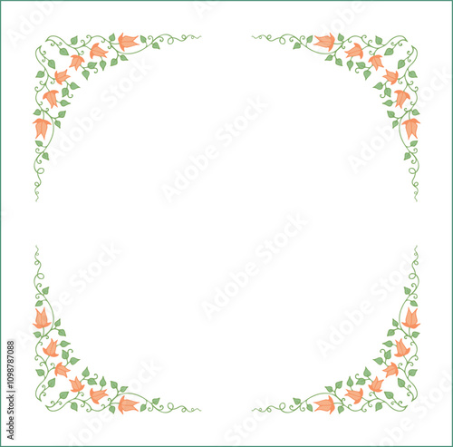 Elegant green vegetal ornamental frame with leaves and orange flowers, decorative border, corners for greeting cards. Isolated vector illustration