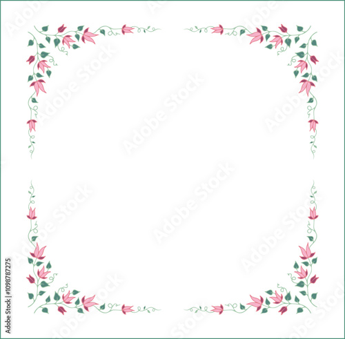 Elegant green vegetal ornamental frame with leaves and pink flowers, decorative border, corners for greeting cards. Isolated vector illustration