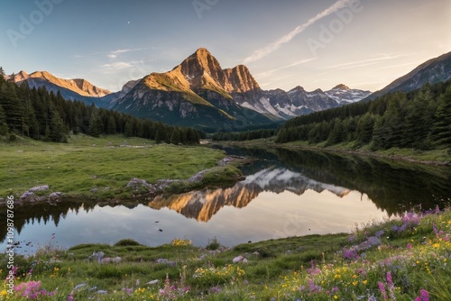 A wild river cuts through the deep valley below, its surface glowing like molten silver as it rushes with untamed power. Towering ancient forests stand resolute along the riverbanks, their dark, ancie photo