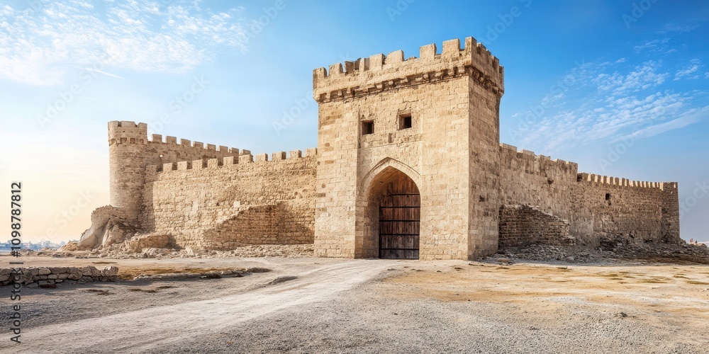 Fototapeta premium Ancient stone castle with an impressive entrance under a clear blue sky.