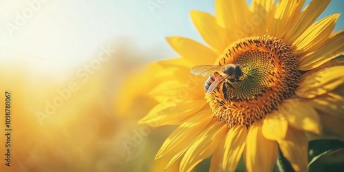 Close-up of a sunflower with a bee exploring its vibrant petals in warm sunlight.
