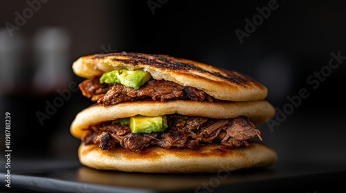 A sandwich with meat and avocado on top of a bun photo