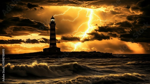 In the midst of a raging sea, a tall lighthouse stands unwavering against the stormy elements. photo