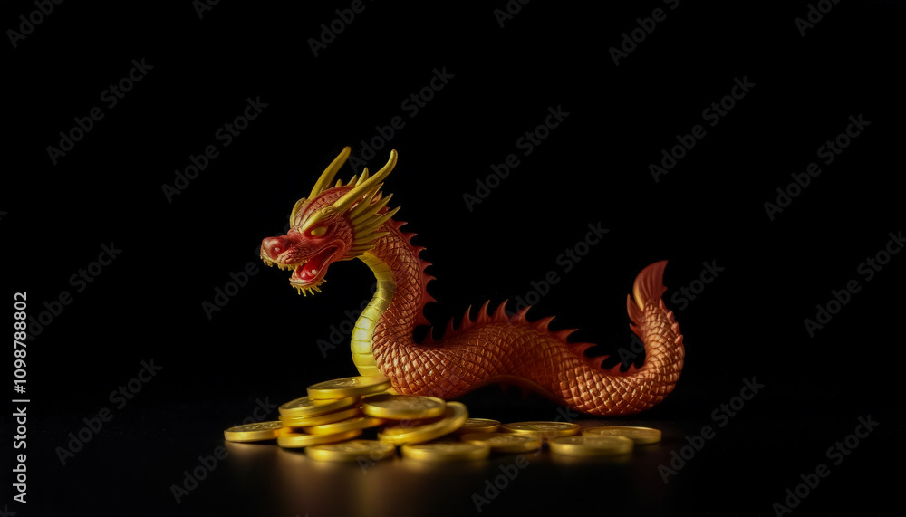 Fototapeta premium Golden Dragon Figurine with Coins on Black Background