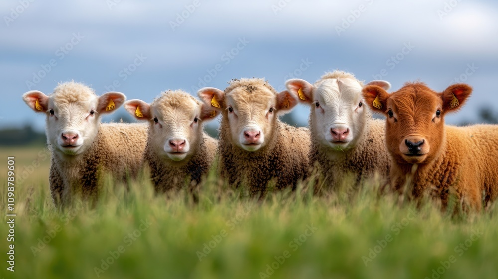 Obraz premium Livestock Herd in Green Pasture Under Blue Sky