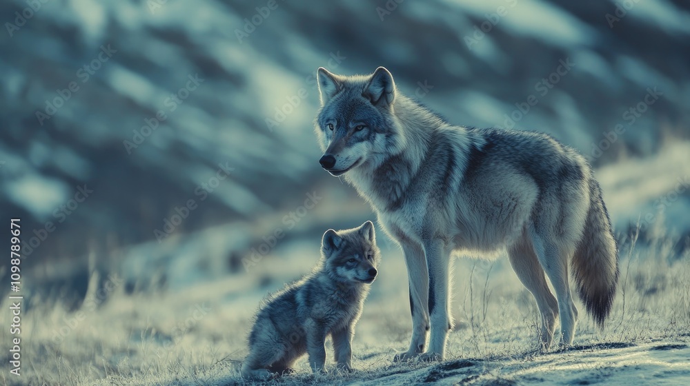 Obraz premium Adult wolf stands watch over its young pup in a serene wilderness setting, highlighting the bond and protective instinct of wildlife families.