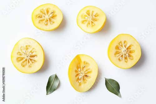 Fresh quince halves and slices on a white background top view photo