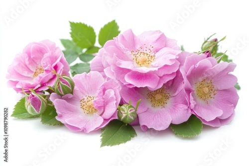 Full bloom pink Rosa centifolia also known as the cabbage rose showcased against a white background photo