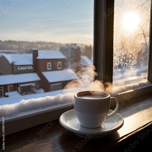 Cozy Winter Morning Coffee on Frosted Window Sill with Snowy View Outside photo