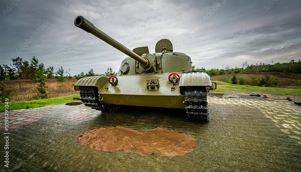 Fototapeta premium Olive-Green Tank on Concrete Pad