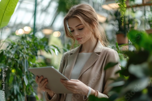 Business woman working with tablet indoors with green plants