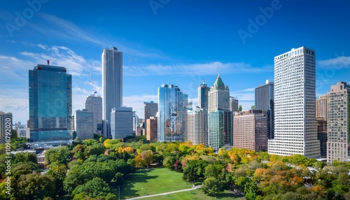 Chicago Skyline and Park: Aerial View of Skyscrapers and Autumn Foliage