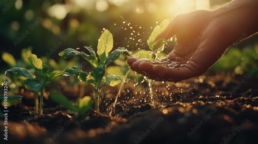 Fototapeta premium Growing Concept - Hand Watering Young Plants With Flare effect