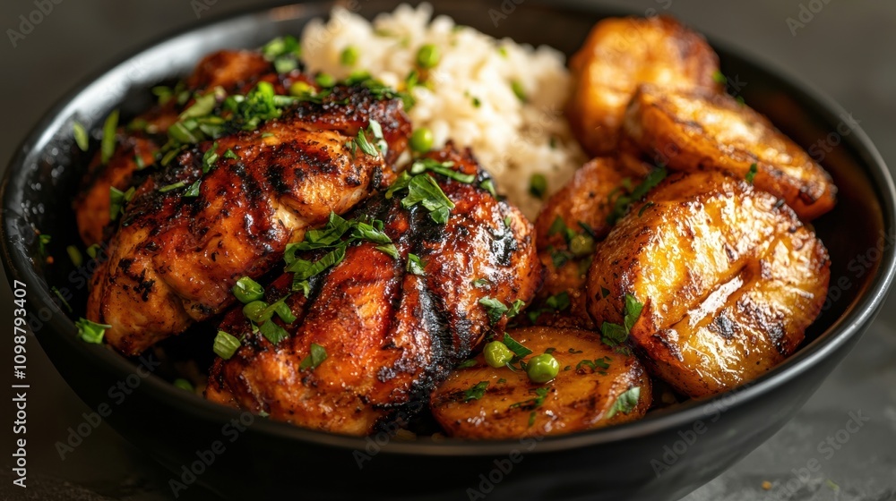 Fototapeta premium A black bowl filled with rice, potatoes, and chicken