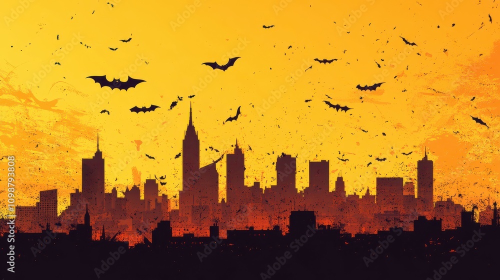 Obraz premium Halloween. City panorama in halloween style. Scary halloween isolated background. Orange and yellow background. Vector illustration.