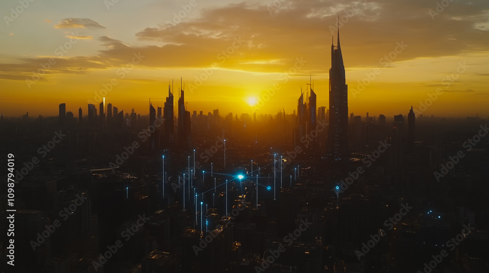 Obraz premium Smart digital Innovation city with connection network reciprocity over the sunset cityscape. of future wireless digital city and social media networking systems that connects people with in city