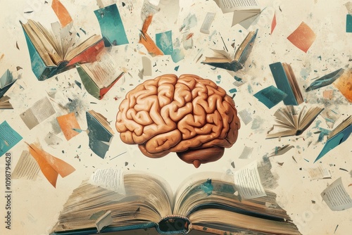 A brain hovers above an open book, surrounded by flying pages. This captures the essence of knowledge expansion and the joy of learning. Generative AI photo