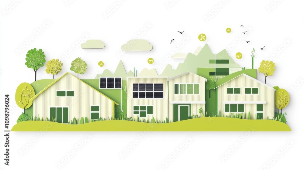 Fototapeta premium An imaginative representation of a green energy-efficient building complex with green roofs and passive solar design, symbolizing sustainable architecture and energy-efficient construction