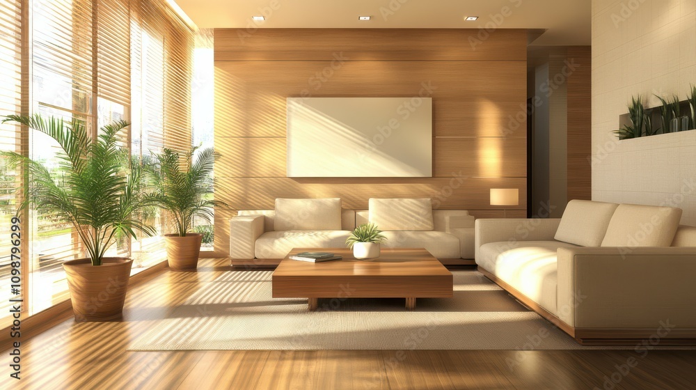 Fototapeta premium Modern living room with spacious layout, featuring comfortable sofas, wooden coffee table, and elegant lighting. design emphasizes minimalism and tranquility, creating welcoming atmosphere