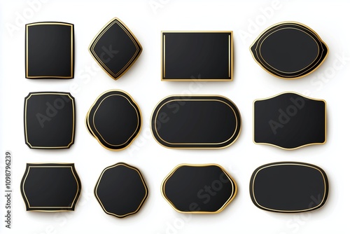 Black glued square, circle and rectangle stickers with gold curling edges. 3d blank paper labels vector illustration. Badges with twisted edges on white background photo