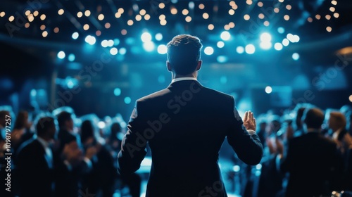 Professional speaker entering stage at business conference with audience clapping