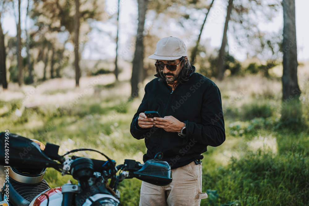 Hombre con barba y estilo alternativo con moto de campo en paso de bosque