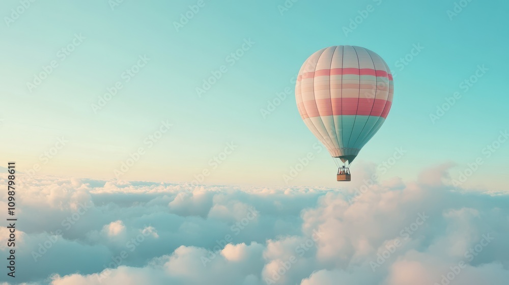 Obraz premium inspiration or travel background, fly above the clouds, colorful hot air balloon in blue sky