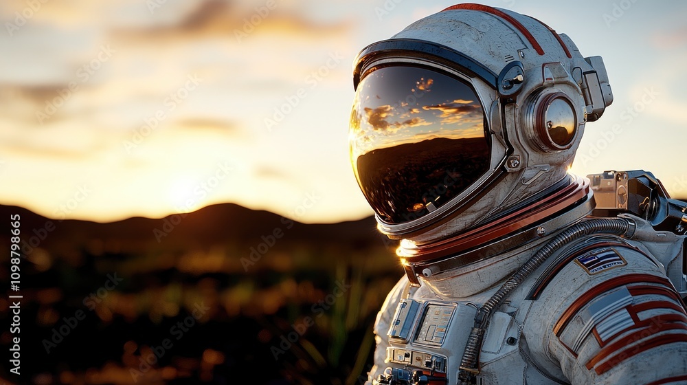 Fototapeta premium Astronaut in space suit desert landscape digital art sci-fi environment close-up exploration concept