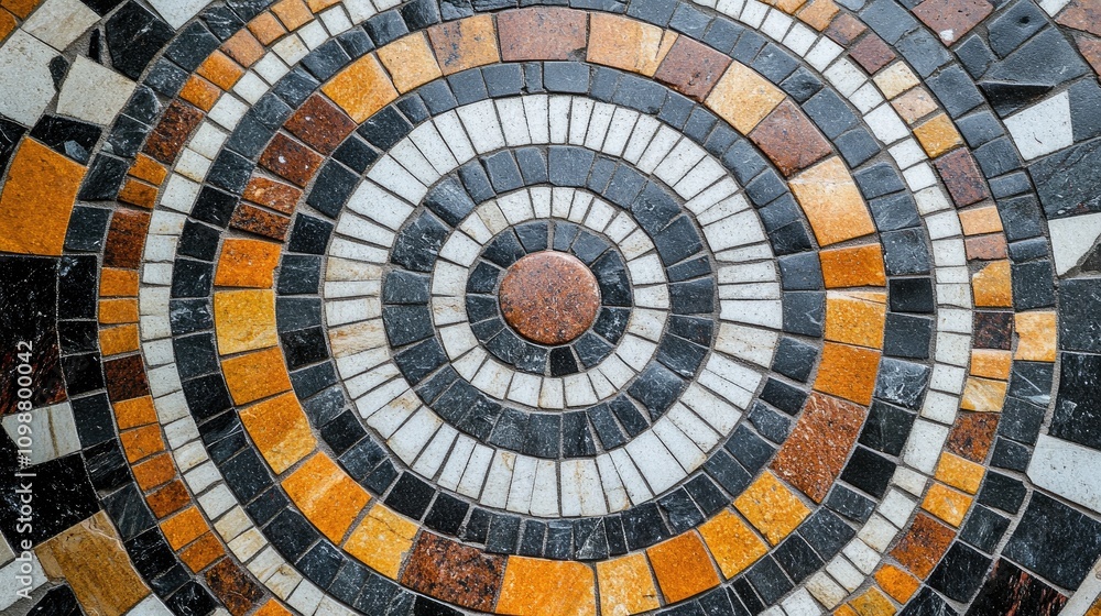 Naklejka premium Intricate close-up of a vibrant mosaic tile pattern showcasing concentric circles in black, white, and warm earthy tones.