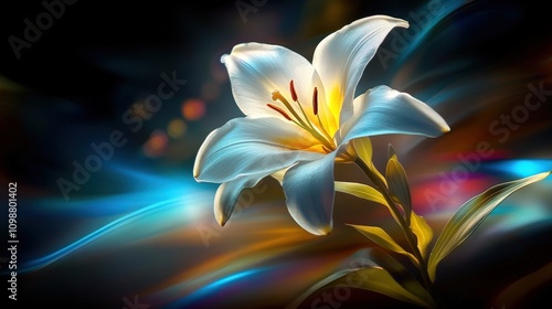 A luminous white lily stands against a vibrant, swirling backdrop, creating a serene and uplifting atmosphere, Ideal for use in floral-themed designs, wellness content, or artistic projects,