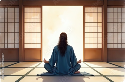 A serene woman meditating in a traditional Japanese-style tatami room, seated on a yoga mat, facing a shoji window with soft natural light, symbolizing mindfulness and inner peace