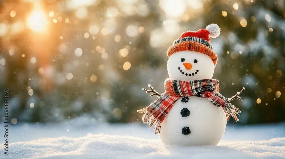 Fototapeta premium Little snowman in a cap and a scarf on snow in the winter. Christmas card with a lovely snowman, copy space