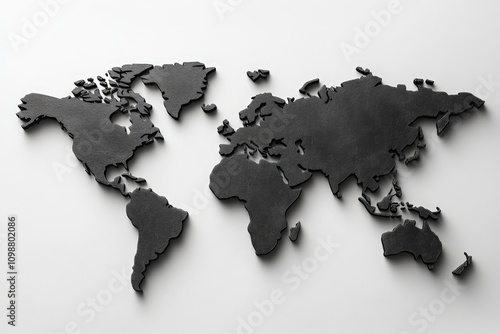 A textured, black world map displayed on a clean white background, This image can be used for educational materials, travel blogs, or corporate presentations related to global themes, photo