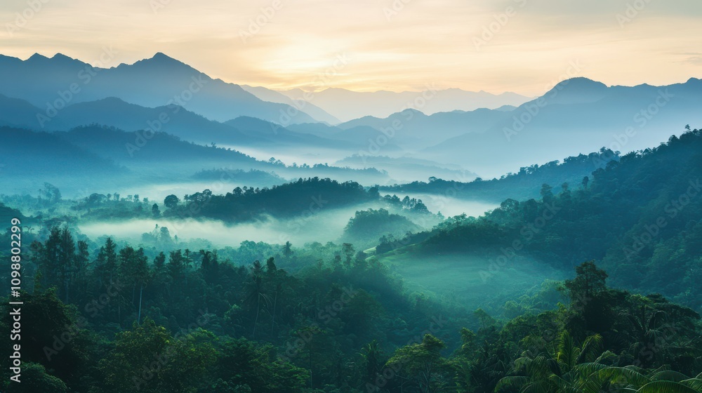 Obraz premium Lush green tropical rainforest landscape with misty mountains at dawn