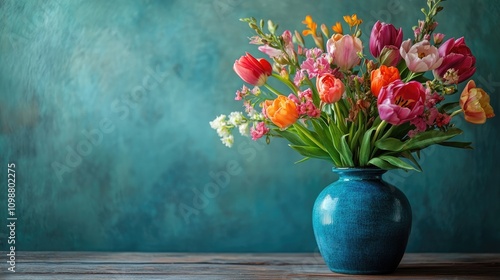 Wallpaper Mural Blue vase filled with a colorful variety of flowers, including tulips and wildflowers, set against a textured teal background on a wooden table. Torontodigital.ca