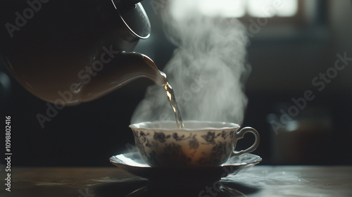 A close-up of a teapot pouring hot tea into a delicate porcelain cup, with steam rising gracefully photo