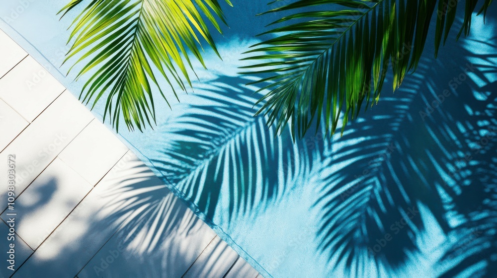 Fototapeta premium Shadow of Palm Leaves on Tiled Floor, Tropical Poolside Vibes